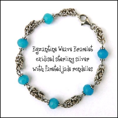 Byzantine Weave Chainmaille bracelet made with oxidised sterlling silver rings and turquoise jade faceted rondelle beads