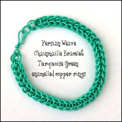 Persian Weave Chainmaille Bracelet made from turquoise green enamelled copper rings